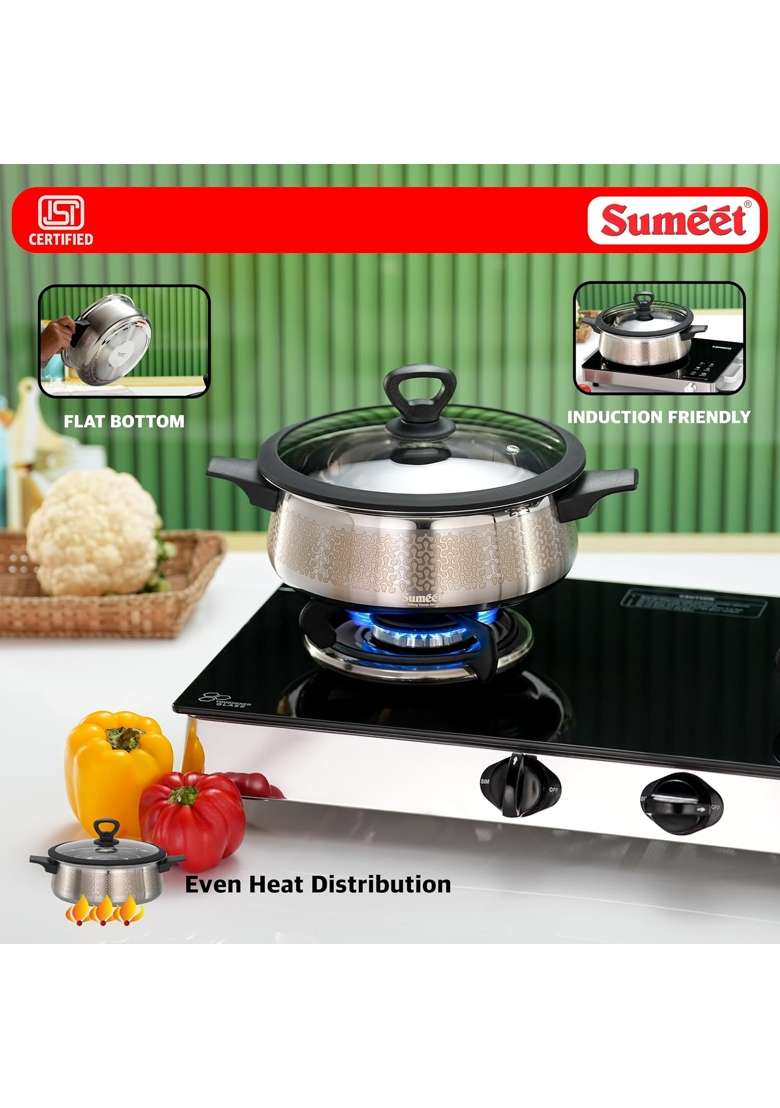 Sumeet ISI Certified Stainless Steel Cook and Serve Designer Shallow Biryani | 3500 ml | 118.3 fl oz | 25 cm | 9.8 Inch | Induction Compatible | With Lid - Indya