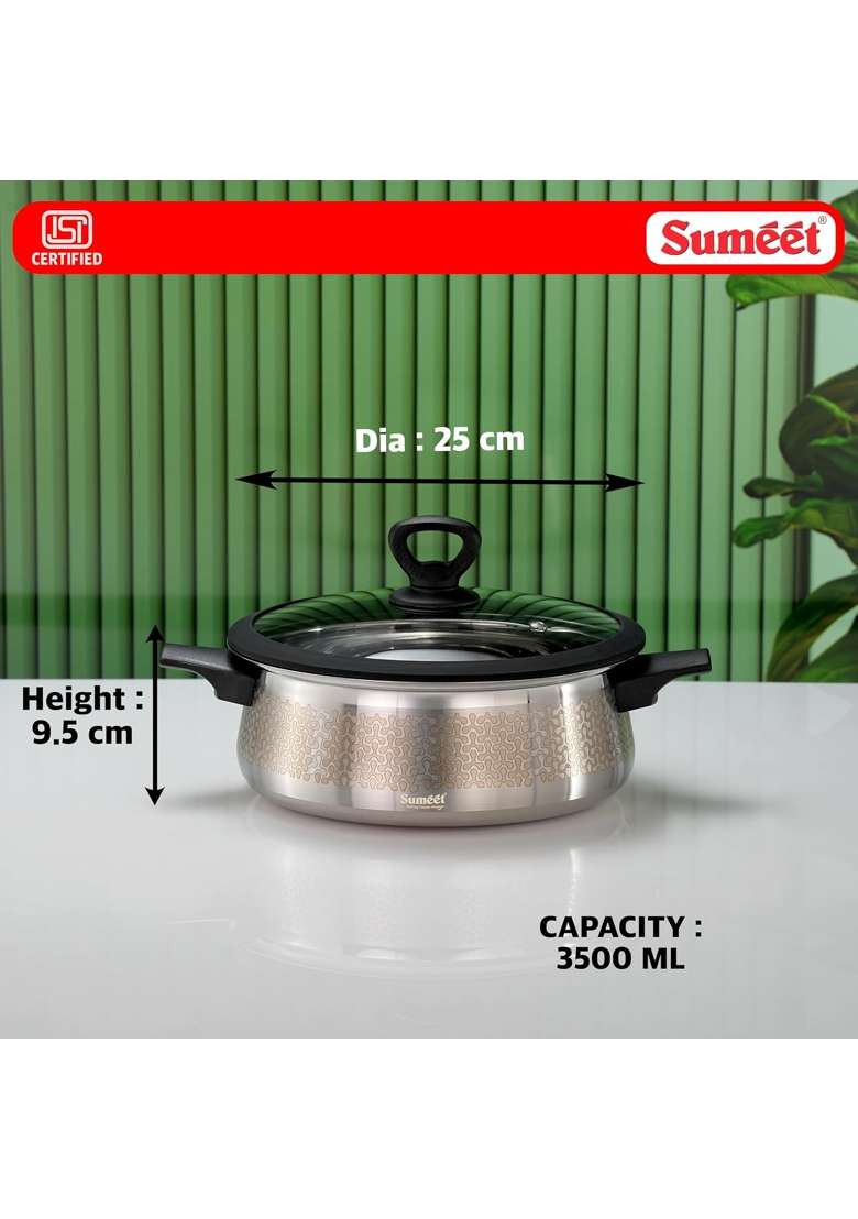 Sumeet ISI Certified Stainless Steel Cook and Serve Designer Shallow Biryani | 3500 ml | 118.3 fl oz | 25 cm | 9.8 Inch | Induction Compatible | With Lid - Indya