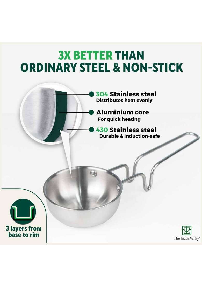The Indus Valley Triply Stainless Steel Tadka Pan | 0.3 L | 0.3 Qt | 12 cm | 4.7 Inch | Induction Compatible | Non-Toxic | Non-Stick - Indya