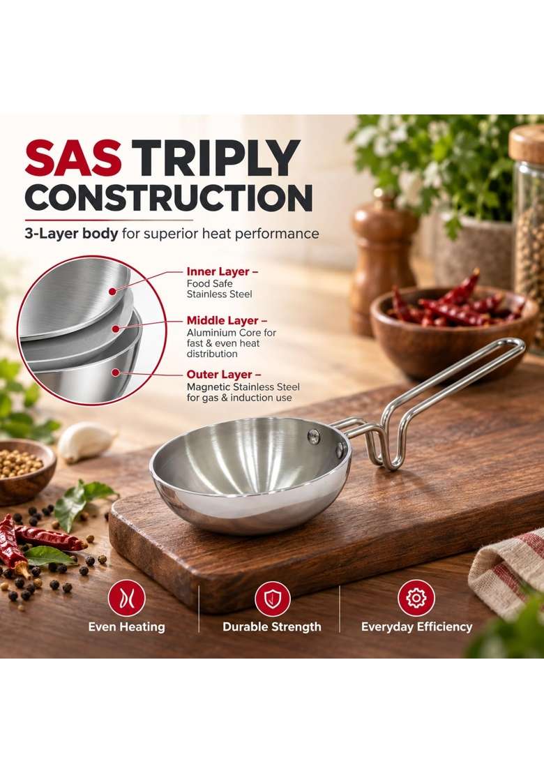 Vinod Triply Stainless Steel Tadka Pan | 400 ml | 13.5 fl oz - Indya
