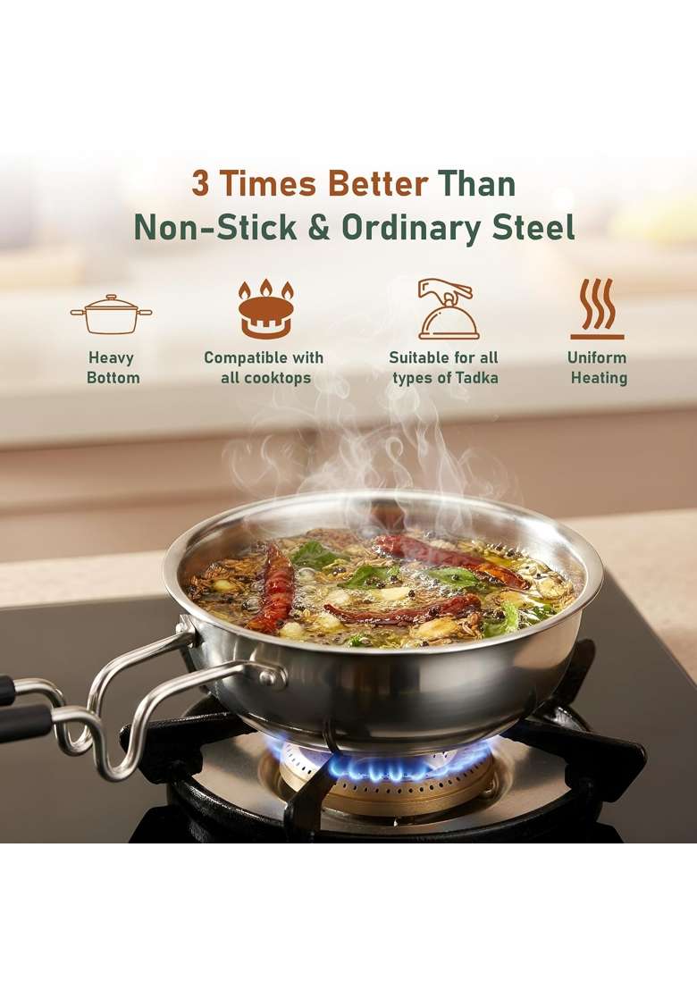 Parage Triply Stainless Steel Tadka Pan with Heat Resistant Handle | 500 ml | 16.9 fl oz | 13 cm | 5.1 Inch - Indya