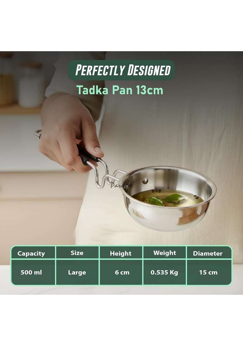 Parage Triply Stainless Steel Tadka Pan with Heat Resistant Handle | 500 ml | 16.9 fl oz | 13 cm | 5.1 Inch - Indya