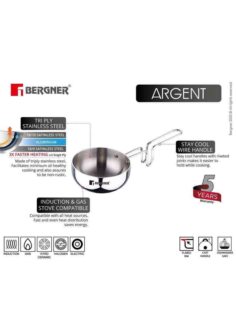 BERGNER Argent Triply Tadka Pan | 500 ml | 16.9 fl oz | 12 cm | 4.7 Inch | Induction Compatible - Indya