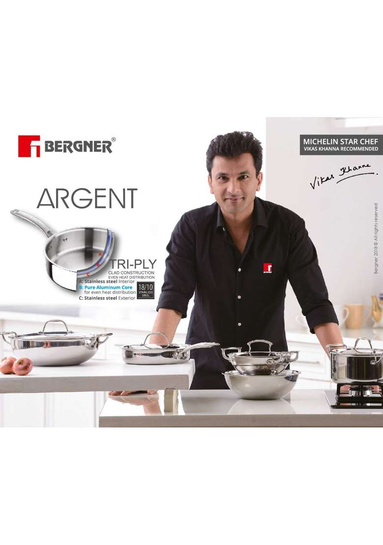 BERGNER Argent Triply Tadka Pan | 500 ml | 16.9 fl oz | 12 cm | 4.7 Inch | Induction Compatible - Indya