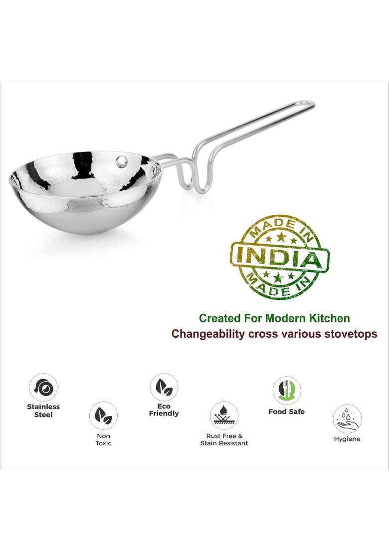 Prabha Tadka Pan Stainless Steel Tadka Pan Capacity | 250 ml | 8.5 fl oz | 11 cm | 4.3 Inch | Induction Compatible | Hammered Finish - Indya