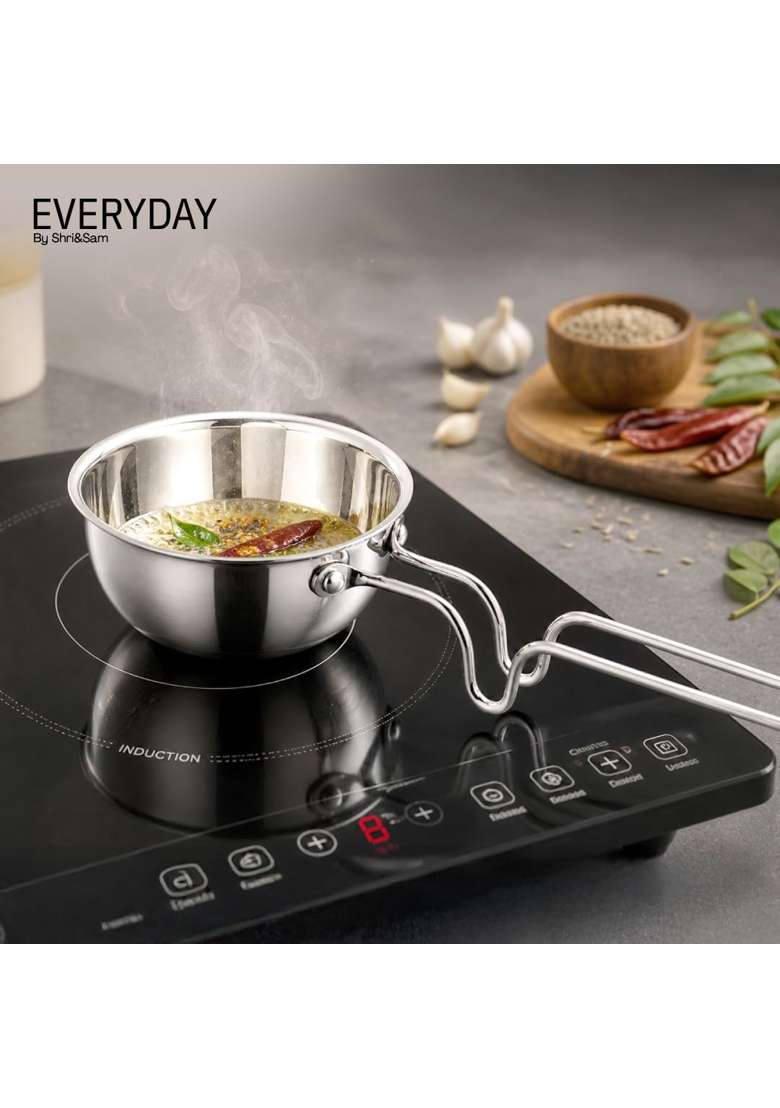 Shri and Sam Everyday Tri-Ply Stainless Steel Tadka Pan with Stand-Handle | 300 ml | 10.1 fl oz | 11 cm | 4.3 Inch | Induction Compatible - Indya