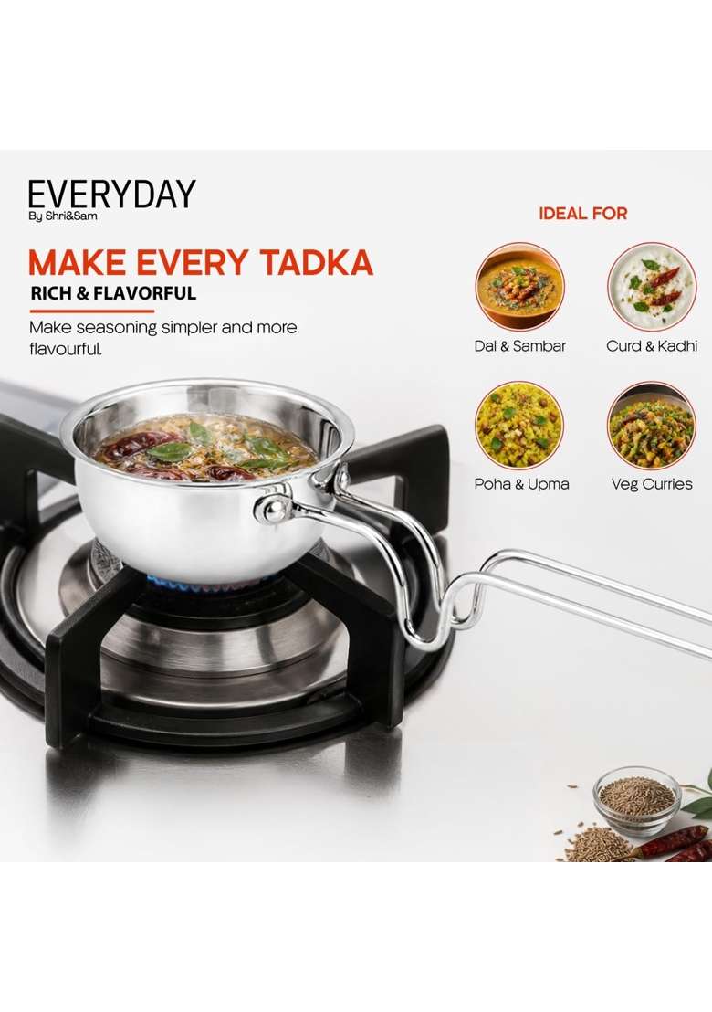 Shri and Sam Everyday Tri-Ply Stainless Steel Tadka Pan with Stand-Handle | 300 ml | 10.1 fl oz | 11 cm | 4.3 Inch | Induction Compatible - Indya