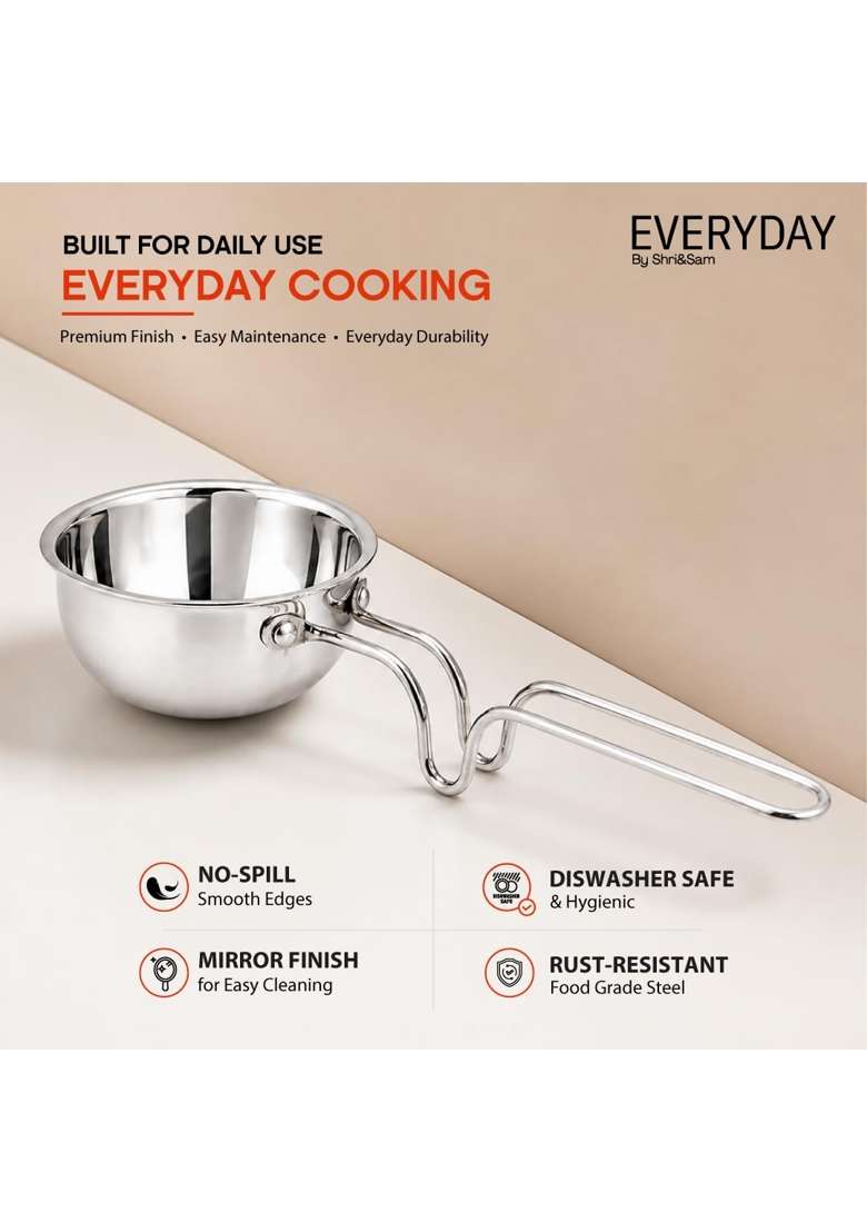 Shri and Sam Everyday Tri-Ply Stainless Steel Tadka Pan with Stand-Handle | 300 ml | 10.1 fl oz | 11 cm | 4.3 Inch | Induction Compatible - Indya