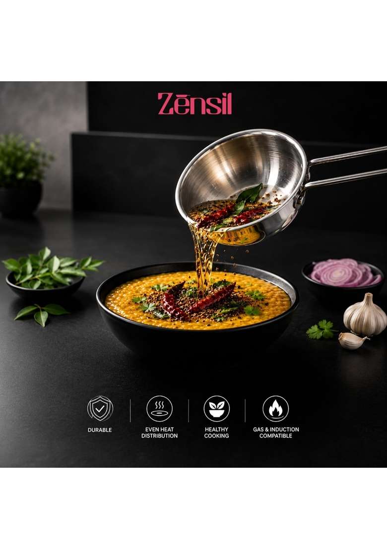 ZENSIL Lumora Triply Stainless Steel Tadka Pan | 0.35 L | 0.4 Qt | 10 cm | 3.9 Inch | Induction Compatible - Indya