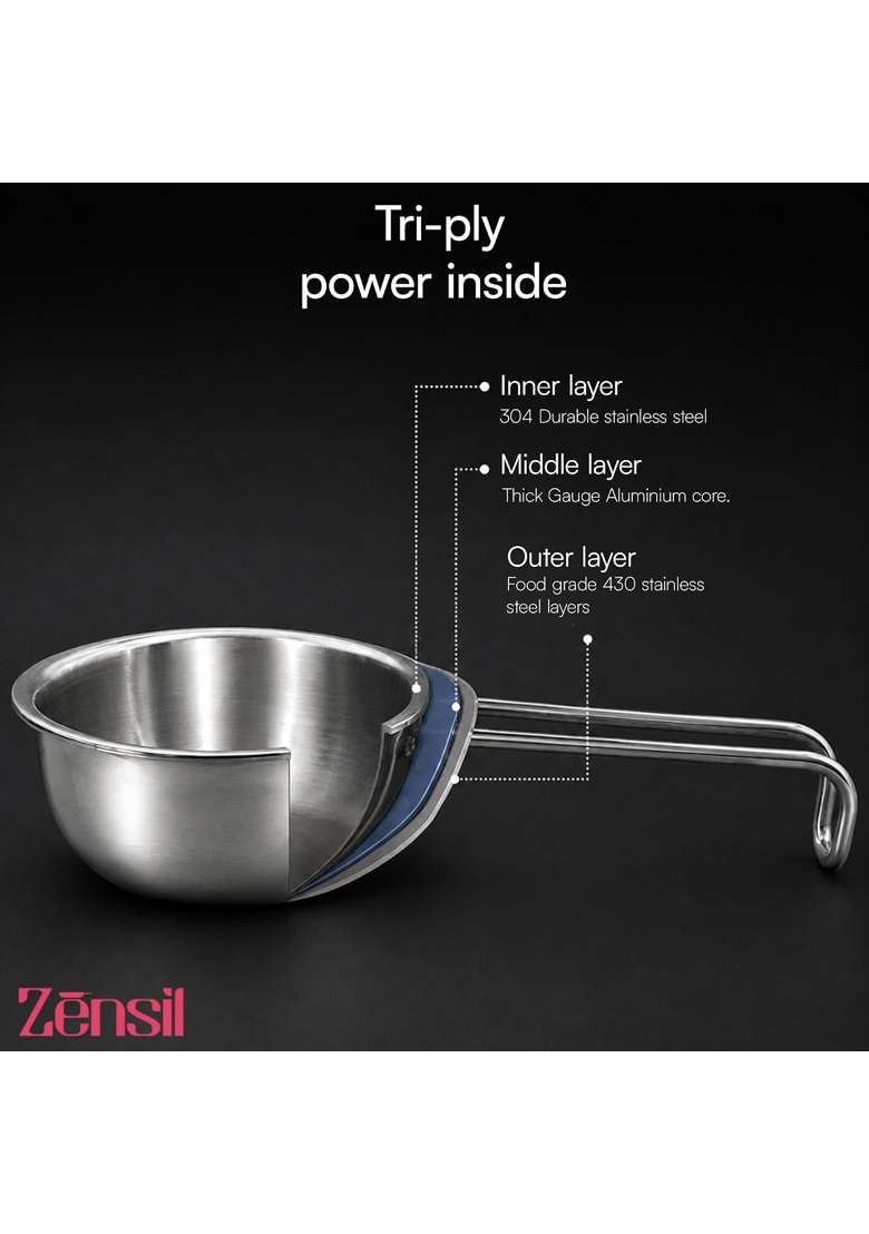 ZENSIL Lumora Triply Stainless Steel Tadka Pan | 0.35 L | 0.4 Qt | 10 cm | 3.9 Inch | Induction Compatible - Indya