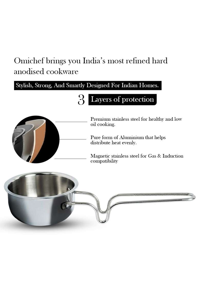 Omichef Triply Stainless Steel Tadka Pan Large | 300 ml | 10.1 fl oz | 11 cm | 4.3 Inch | Induction Compatible | Non-Toxic - Indya