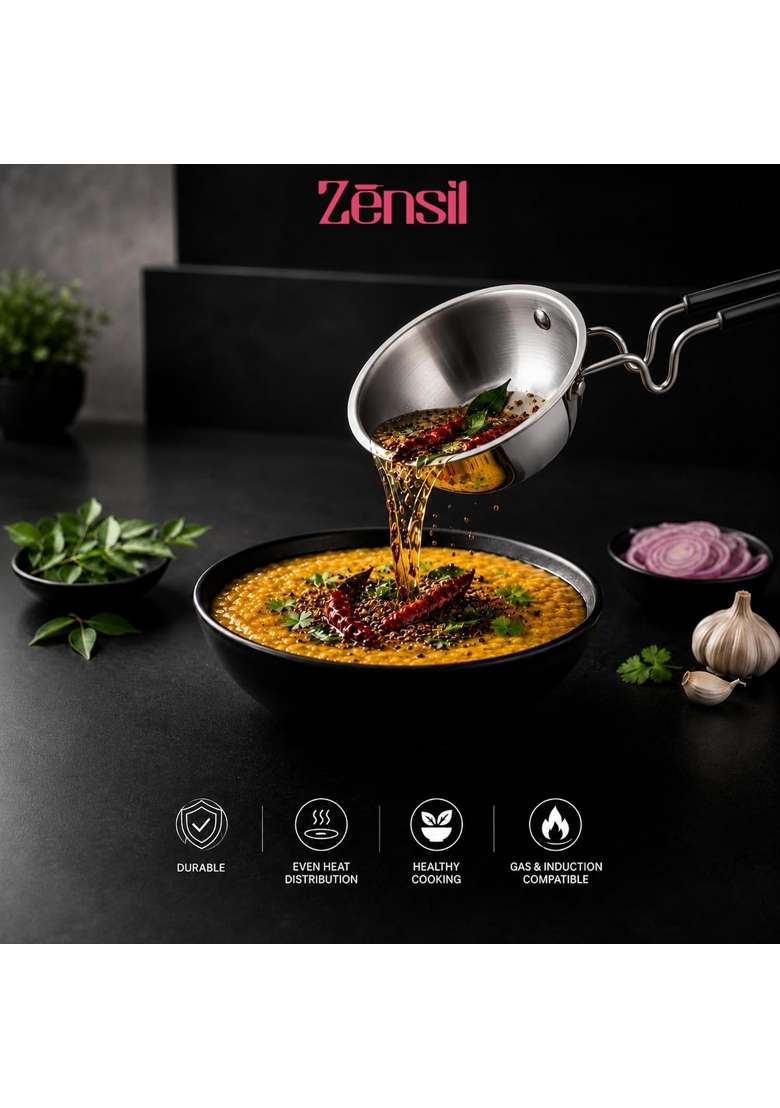 ZENSIL Lumora Triply Stainless Steel Tadka Pan | 0.35 L | 0.4 Qt | 10 cm | 3.9 Inch | Induction Compatible | Heavy Bottom - Indya