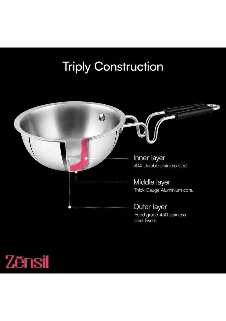 ZENSIL Lumora Triply Stainless Steel Tadka Pan | 0.35 L | 0.4 Qt | 10 cm | 3.9 Inch | Induction Compatible | Heavy Bottom - Indya