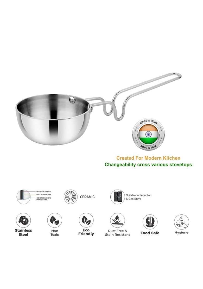 Karmbhumi Stainless Steel Tadka Pan Compatible with Gas | 500 ml | 16.9 fl oz | 14 cm | 5.5 Inch - Indya