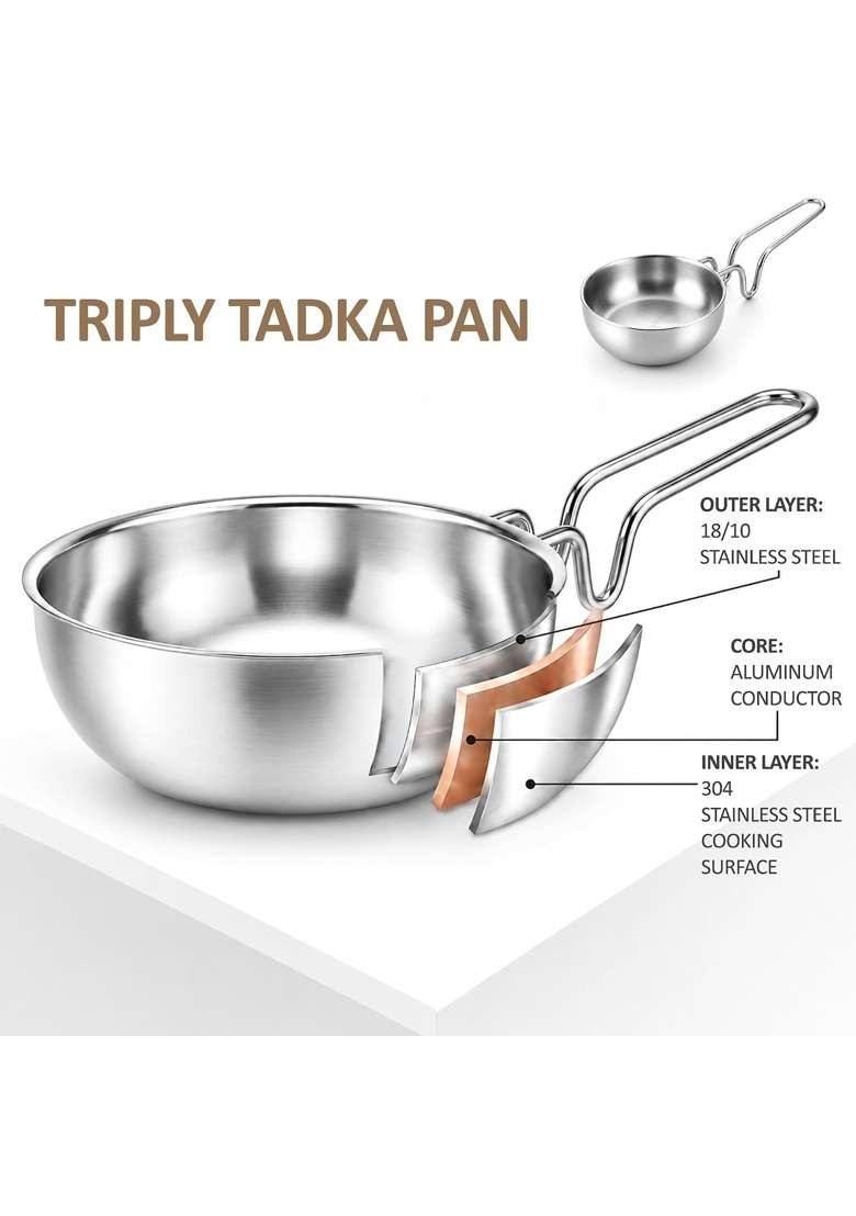 SOLARA Triply Stainless Steel Tadka Pan | 12 cm | 4.7 Inch | Induction Compatible | Heavy Bottom | Food Safe - Indya