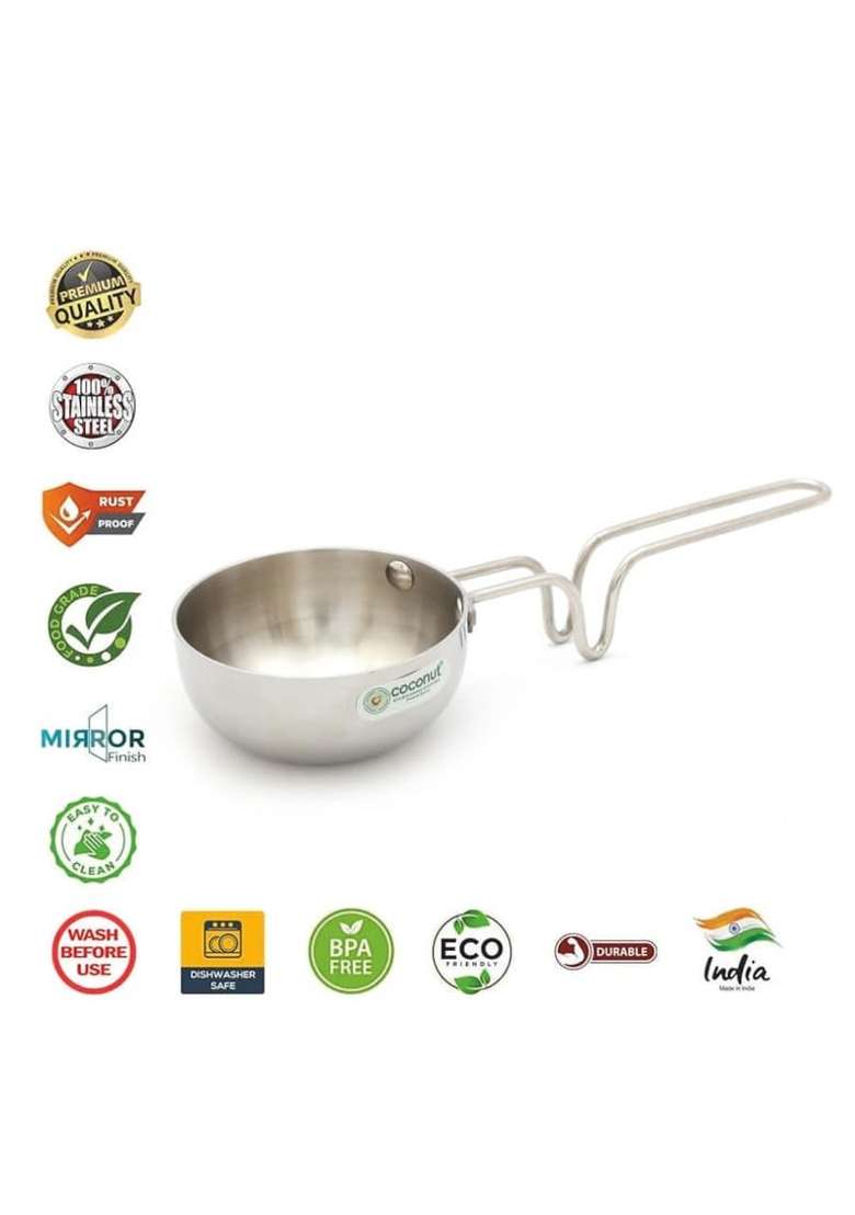 coconut Triply Stainless Steel Tadka Pan with Handle | 250 ml | 8.5 fl oz | Induction Compatible | Dishwasher Safe - Indya