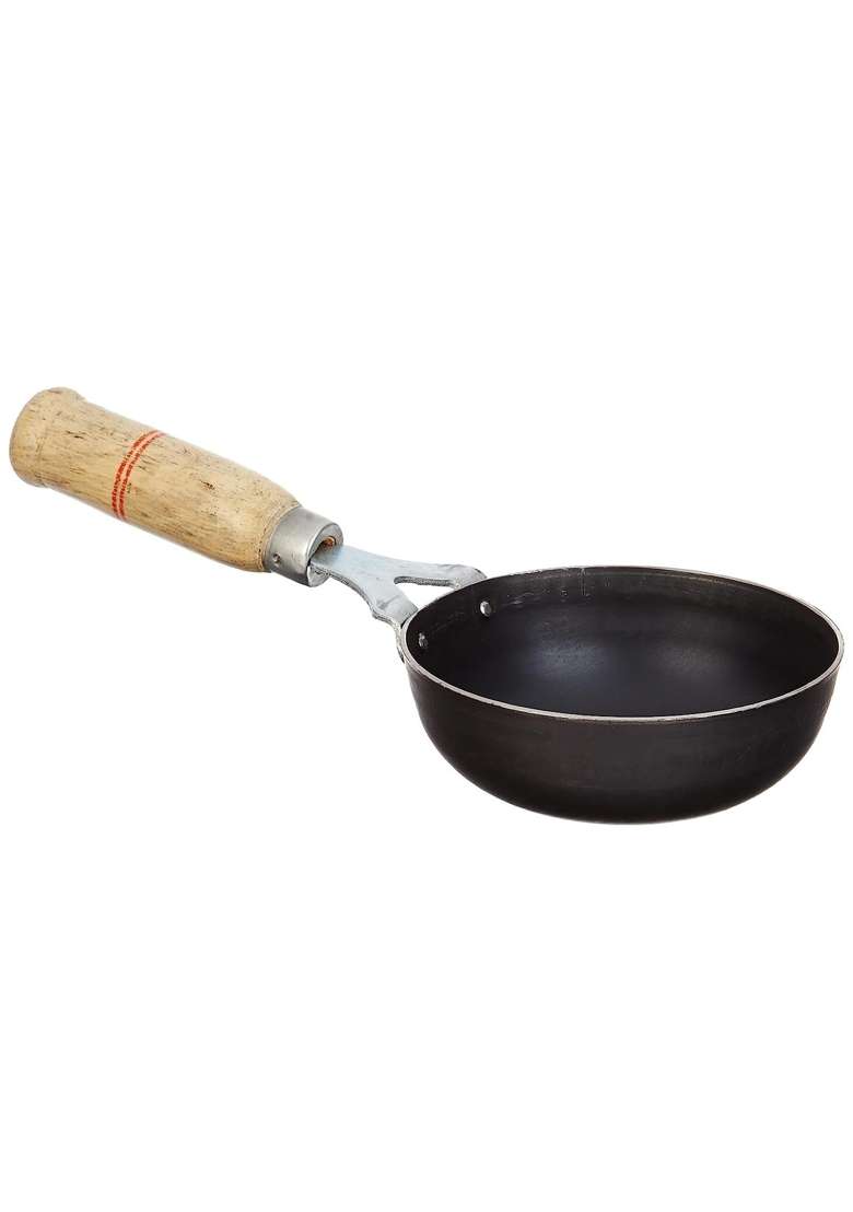 Nutlase Iron Original Loha Lokhand Iron Tadka Pan Fry Pan with Wooden Handle for Kitchen | 12.6 cm | 5 Inch - Indya
