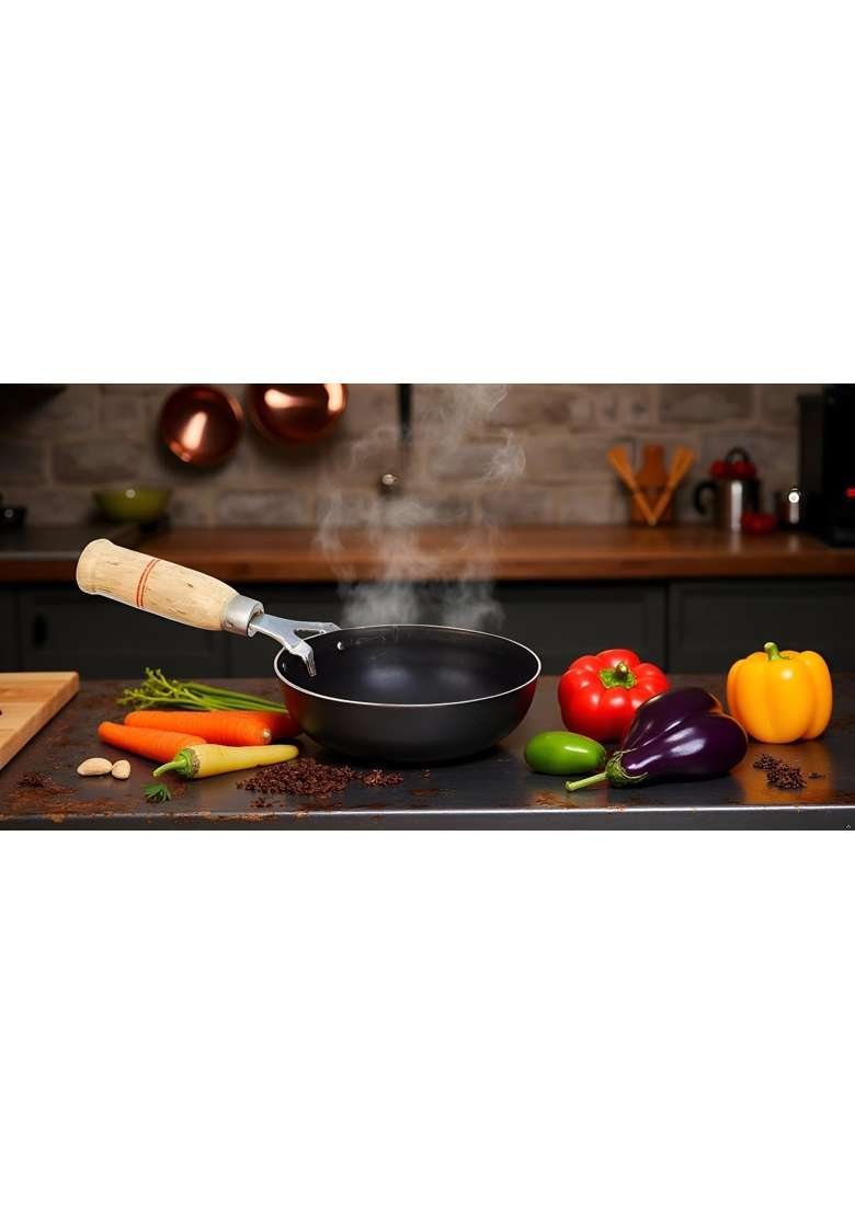 Nutlase Iron Original Loha Lokhand Iron Tadka Pan Fry Pan with Wooden Handle for Kitchen | 12.6 cm | 5 Inch - Indya