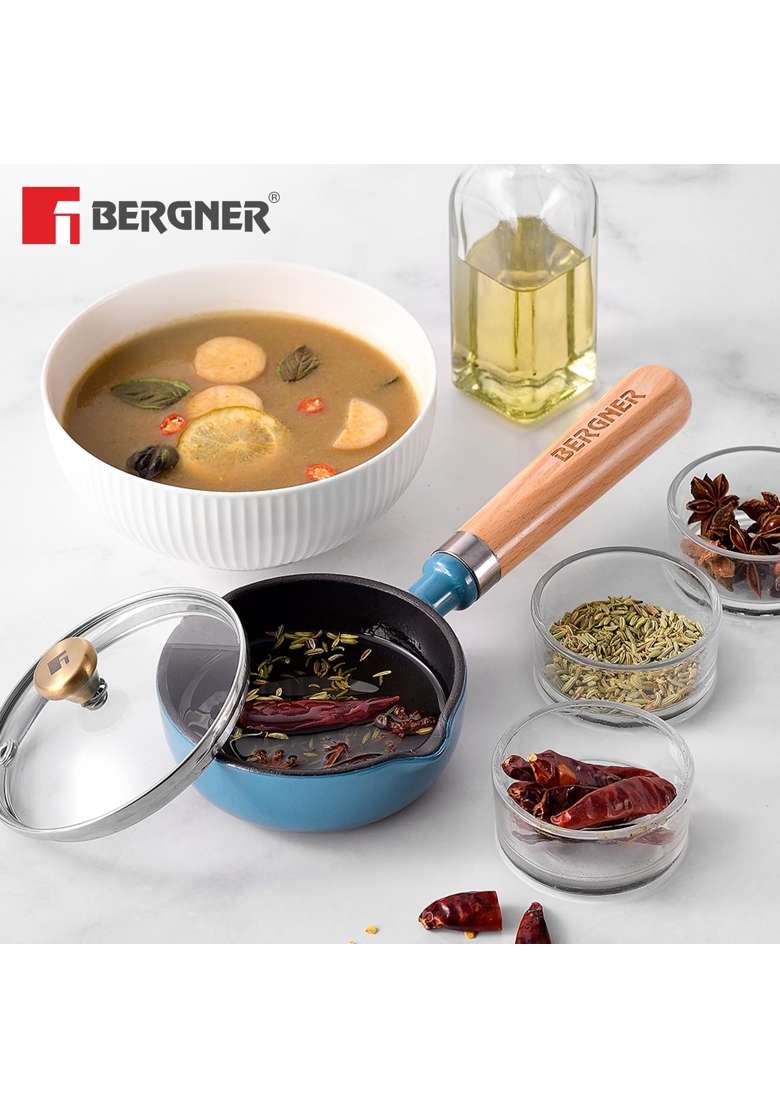 BERGNER Excalibur Lightweight Cast Iron Tadka Pan with Lid | 12 cm | 4.7 Inch | Induction Compatible | Non-Stick - Indya