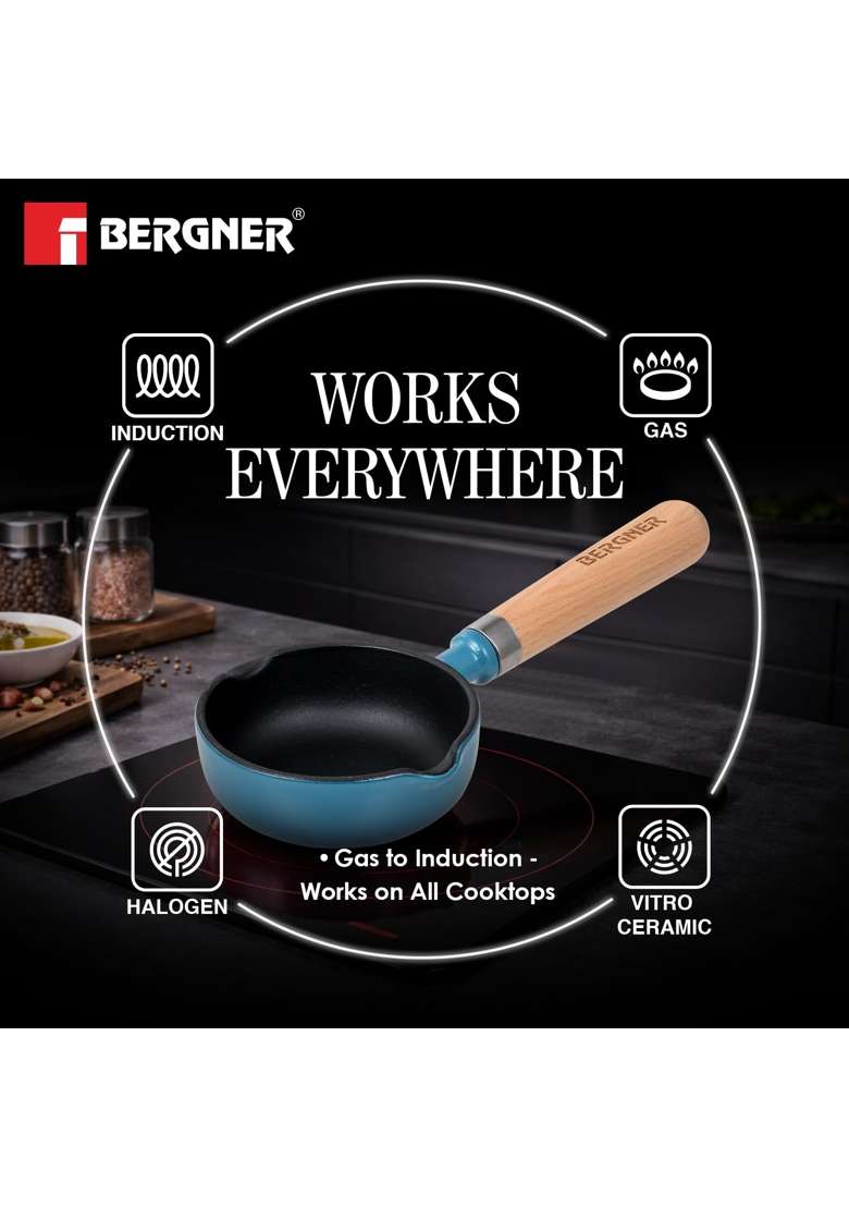 BERGNER Excalibur Lightweight Cast Iron Tadka Pan with Lid | 12 cm | 4.7 Inch | Induction Compatible | Non-Stick - Indya