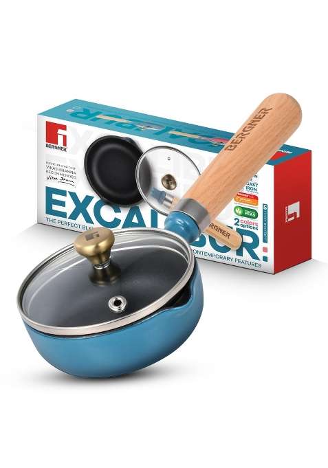 BERGNER Excalibur Lightweight Cast Iron Tadka Pan with Lid | 12 cm | 4.7 Inch | Induction Compatible | Non-Stick