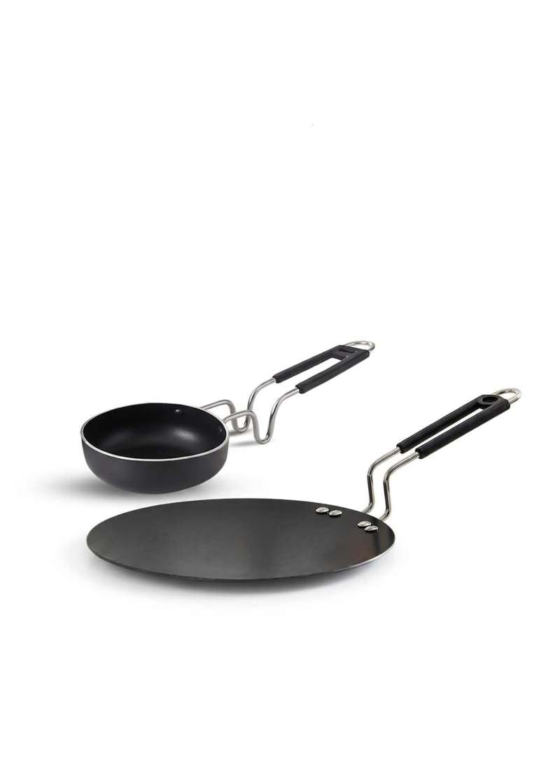DOZY Heavy-Duty Cast Iron Tawa Flat Griddle and Tadka Pan Combo for Authentic Cooking | Induction Compatible | Non-Stick - Indya