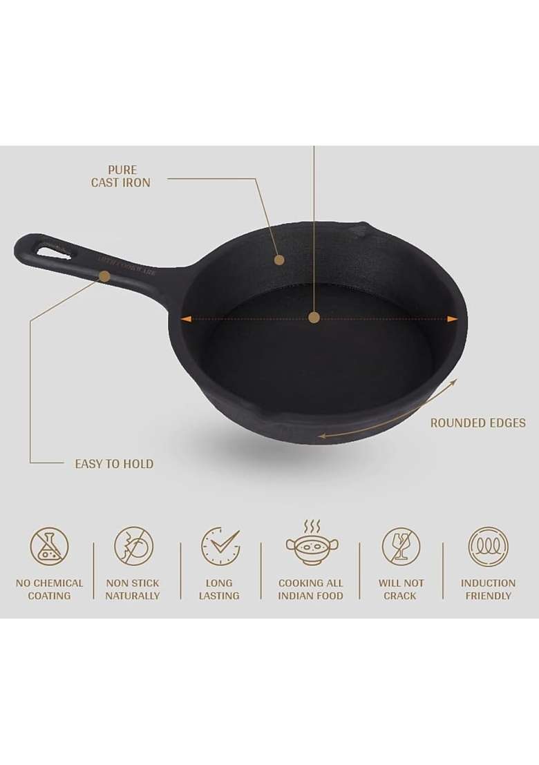 NYRA Kitchenware Pre-Seasoned Cast Iron Tadka Pan | Induction Compatible | Non-Toxic | Non-Stick - Indya