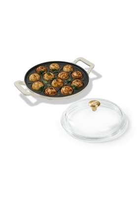 CUMIN CO. Enamel Cast Iron Paniyaram Pan Ebelskiver-Style Pan with Lid | Induction Compatible | Non-Toxic | Non-Stick