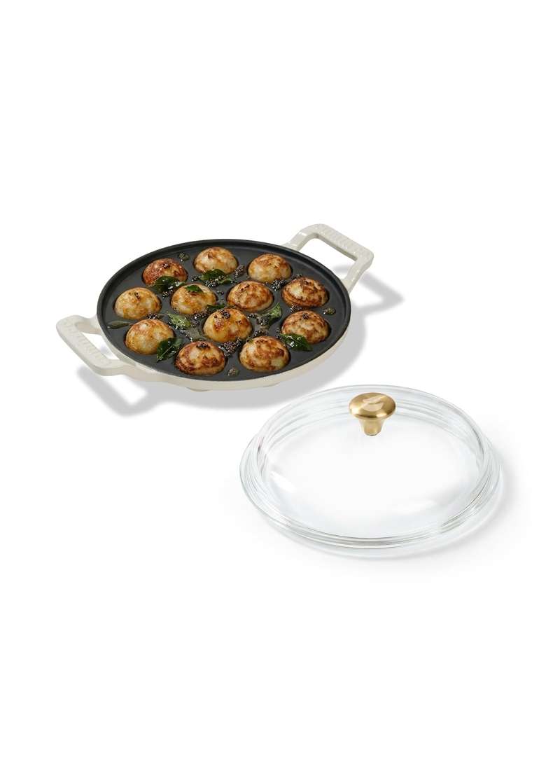 CUMIN CO. Enamel Cast Iron Paniyaram Pan Ebelskiver-Style Pan with Lid | Induction Compatible | Non-Toxic | Non-Stick - Indya