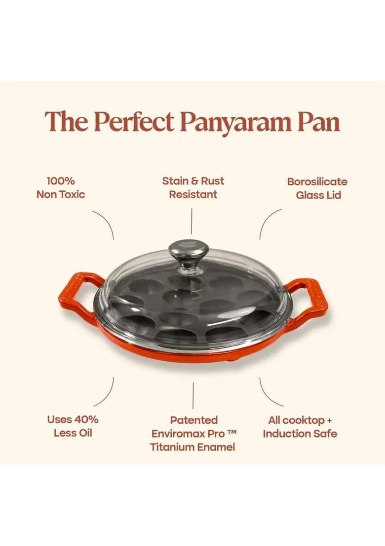 CUMIN CO. Enamel Cast Iron Paniyaram Pan Ebelskiver-Style Pan with Lid | Induction Compatible | Non-Toxic | Non-Stick - Indya