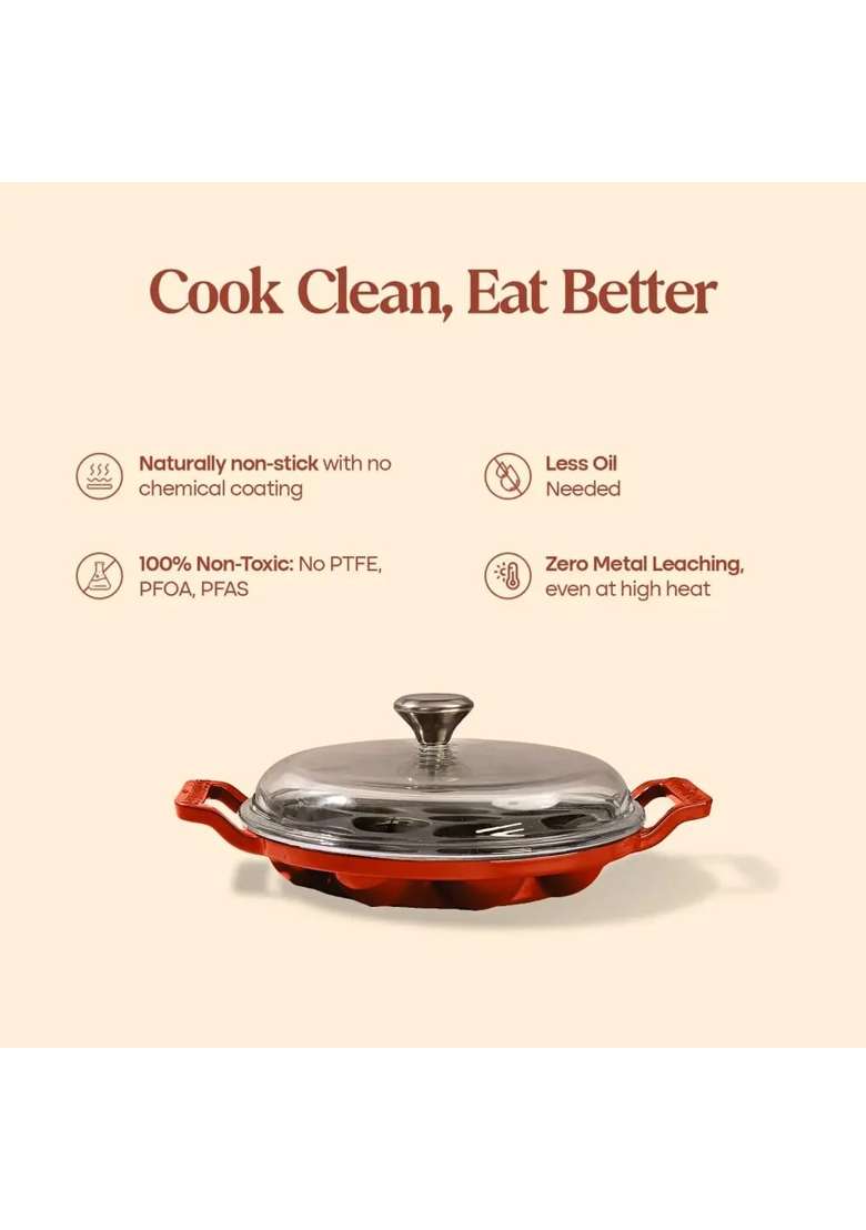 CUMIN CO. Enamel Cast Iron Paniyaram Pan Ebelskiver-Style Pan with Lid | Induction Compatible | Non-Toxic | Non-Stick - Indya