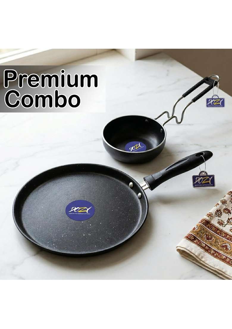 DOZY Premium Non-Stick Tawa Flat Griddle and Tadka Pan Combo | 24.5 cm | 9.6 Inch | Induction Compatible - Indya