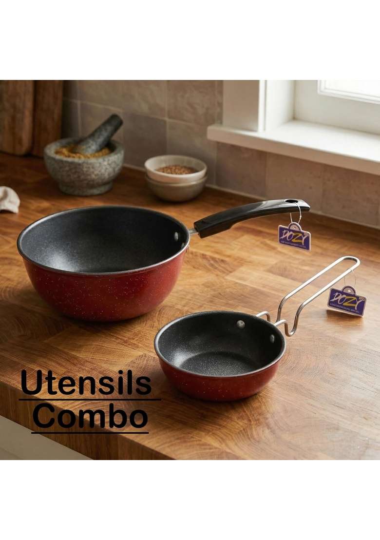 DOZY Non-Stick Aluminum Tadka Pan and Wok Combo Set | 20 cm | 7.9 Inch | Induction Compatible - Indya