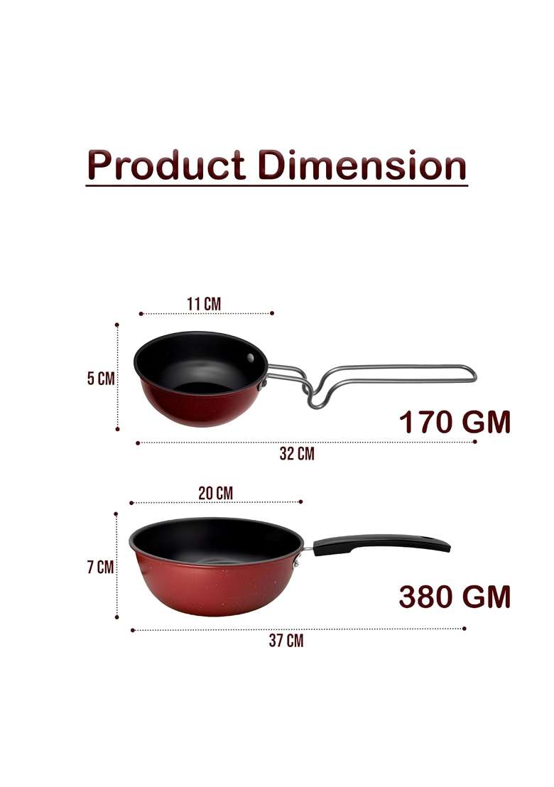 DOZY Non-Stick Aluminum Tadka Pan and Wok Combo Set | 20 cm | 7.9 Inch | Induction Compatible - Indya