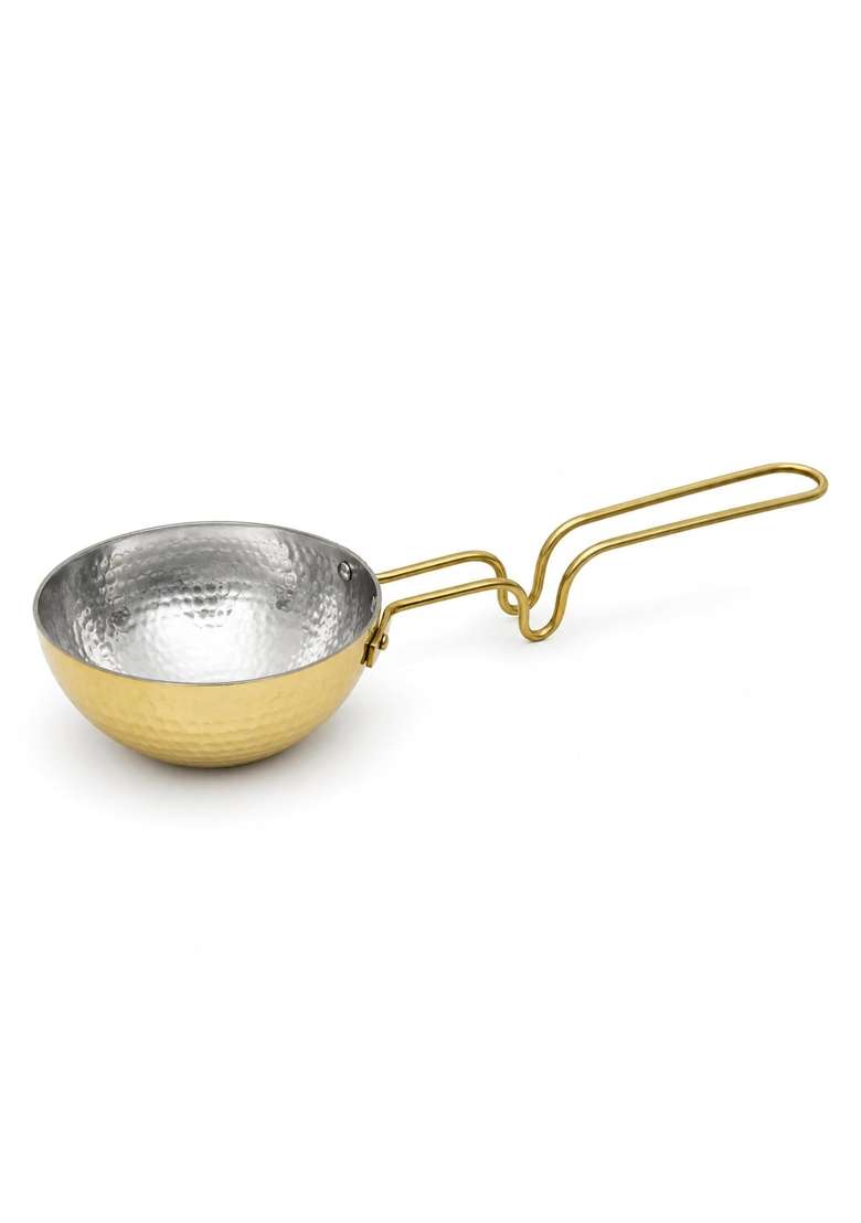 SHIV SHAKTI ARTS Brass Tadka Pan with Long Handle | 300 ml | 10.1 fl oz | 10 cm | 3.9 Inch | Hammered Finish - Indya