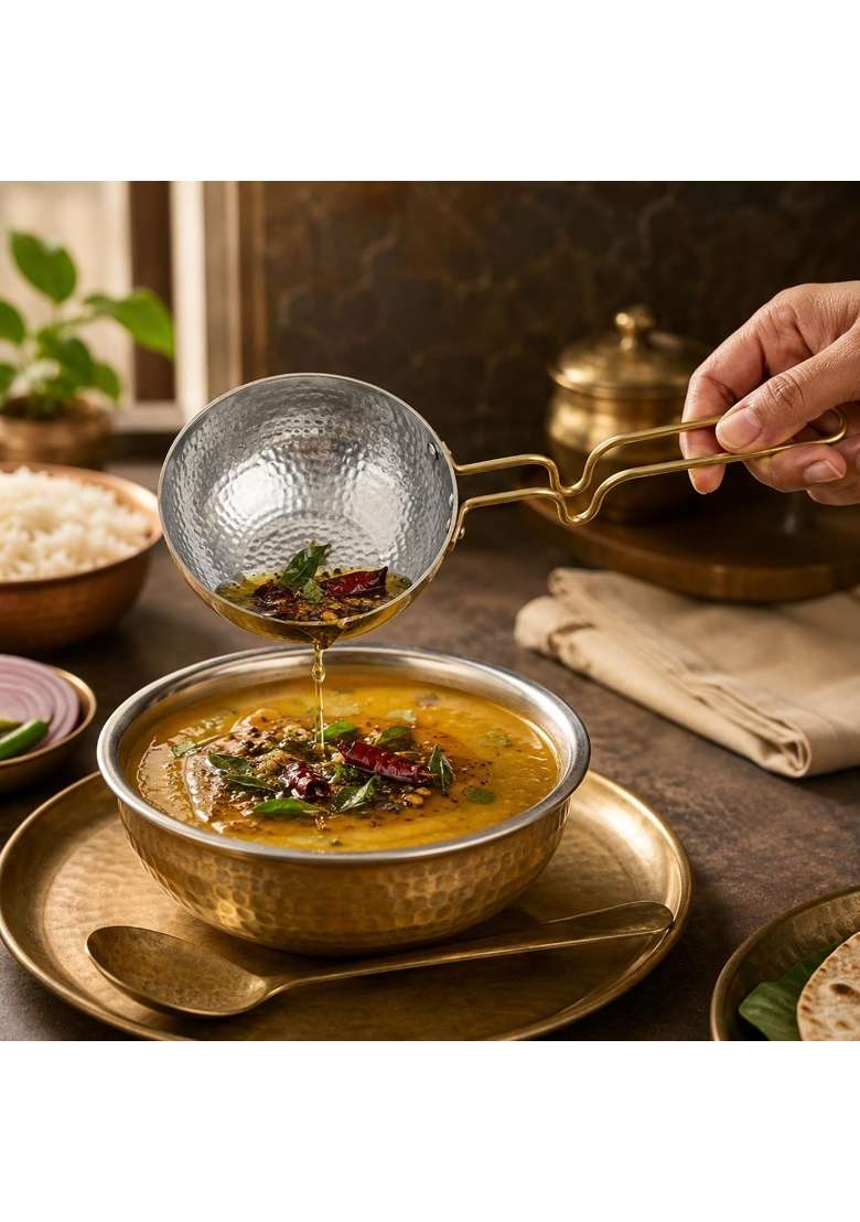 SHIV SHAKTI ARTS Brass Tadka Pan with Long Handle | 300 ml | 10.1 fl oz | 10 cm | 3.9 Inch | Hammered Finish - Indya