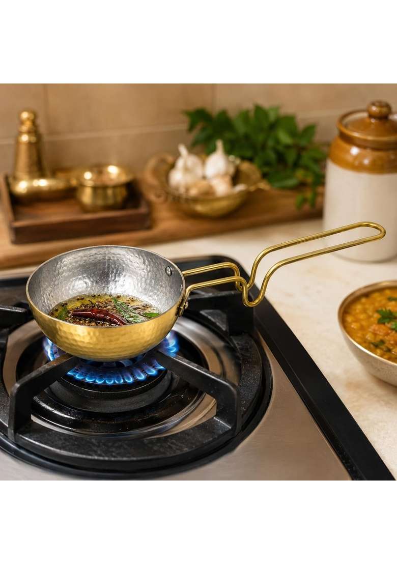 SHIV SHAKTI ARTS Brass Tadka Pan with Long Handle | 300 ml | 10.1 fl oz | 10 cm | 3.9 Inch | Hammered Finish - Indya