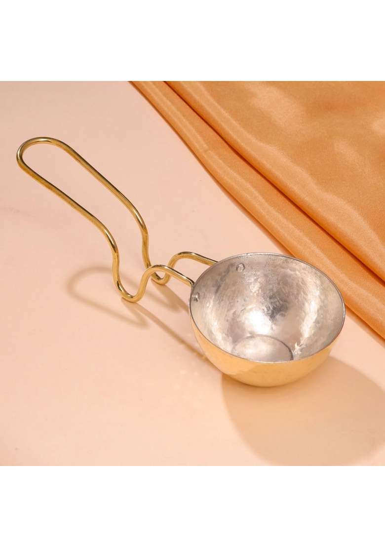 PTAL NAGRI Brass Tadka Pan Fry Pan Thalippu Karandi with Handle Brass Inside Tin Coating | 400 ml | 13.5 fl oz | Hammered Finish - Indya