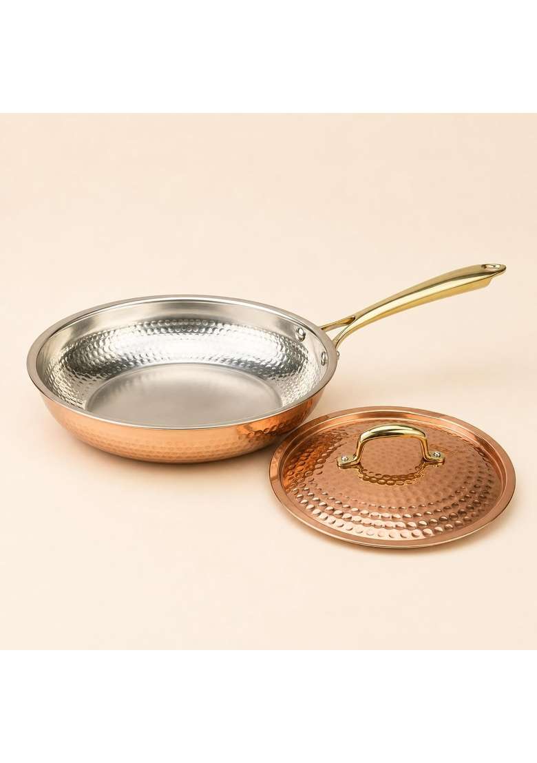 SHIV SHAKTI ARTS Copper Fry Pan with Lid and Long Brass Handle | 1.5 L | 1.6 Qt | Hammered Finish - Indya