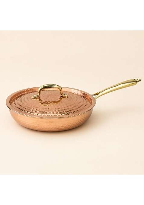 SHIV SHAKTI ARTS Copper Fry Pan with Lid and Long Brass Handle | 1.5 L | 1.6 Qt | Hammered Finish