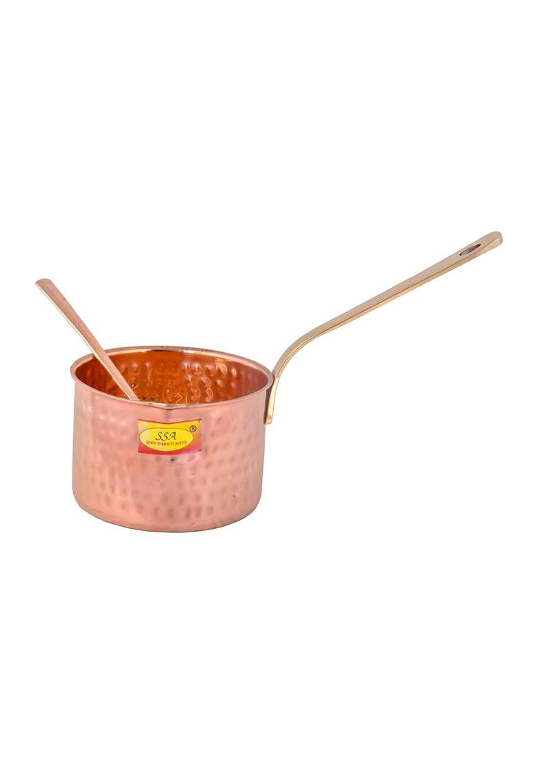SHIV SHAKTI ARTS Pure Copper Sauce Pan Tadka Pan Heavy Brass Handle with Serving Spoon | 1 L | 1.1 Qt - Indya