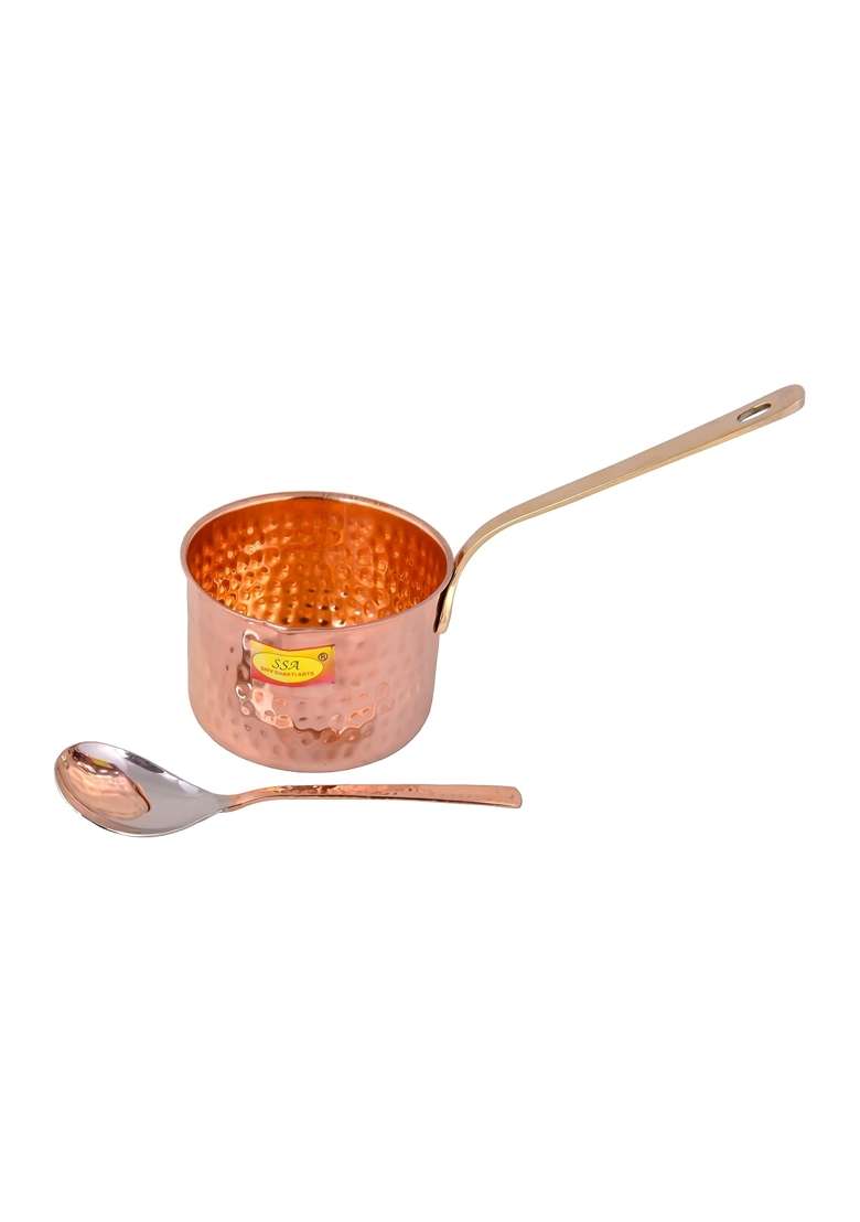 SHIV SHAKTI ARTS Pure Copper Sauce Pan Tadka Pan Heavy Brass Handle with Serving Spoon | 1 L | 1.1 Qt - Indya