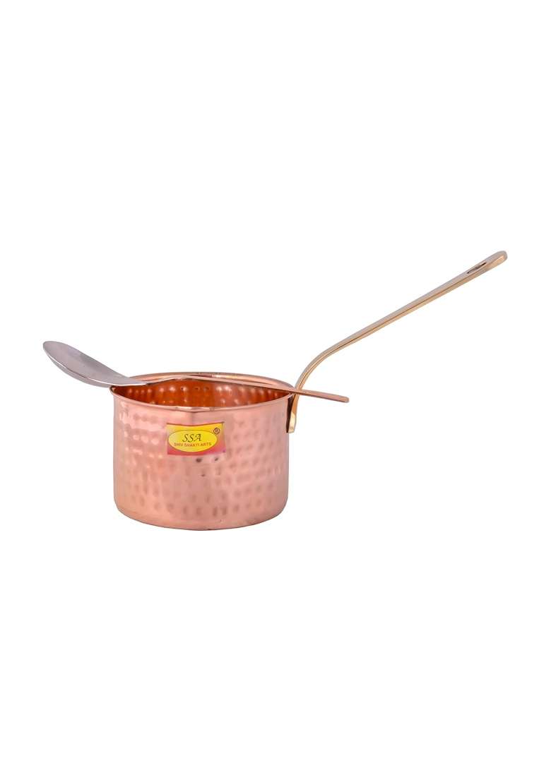 SHIV SHAKTI ARTS Pure Copper Sauce Pan Tadka Pan Heavy Brass Handle with Serving Spoon | 1 L | 1.1 Qt - Indya