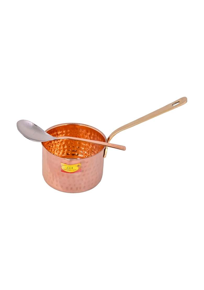 SHIV SHAKTI ARTS Pure Copper Sauce Pan Tadka Pan Heavy Brass Handle with Serving Spoon | 1 L | 1.1 Qt - Indya