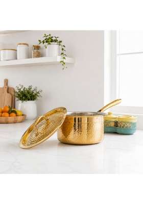 MORADABAD BRASS VILLA Brass Sauce Pan with Lid | 34 cm | 13.4 Inch | Handcrafted
