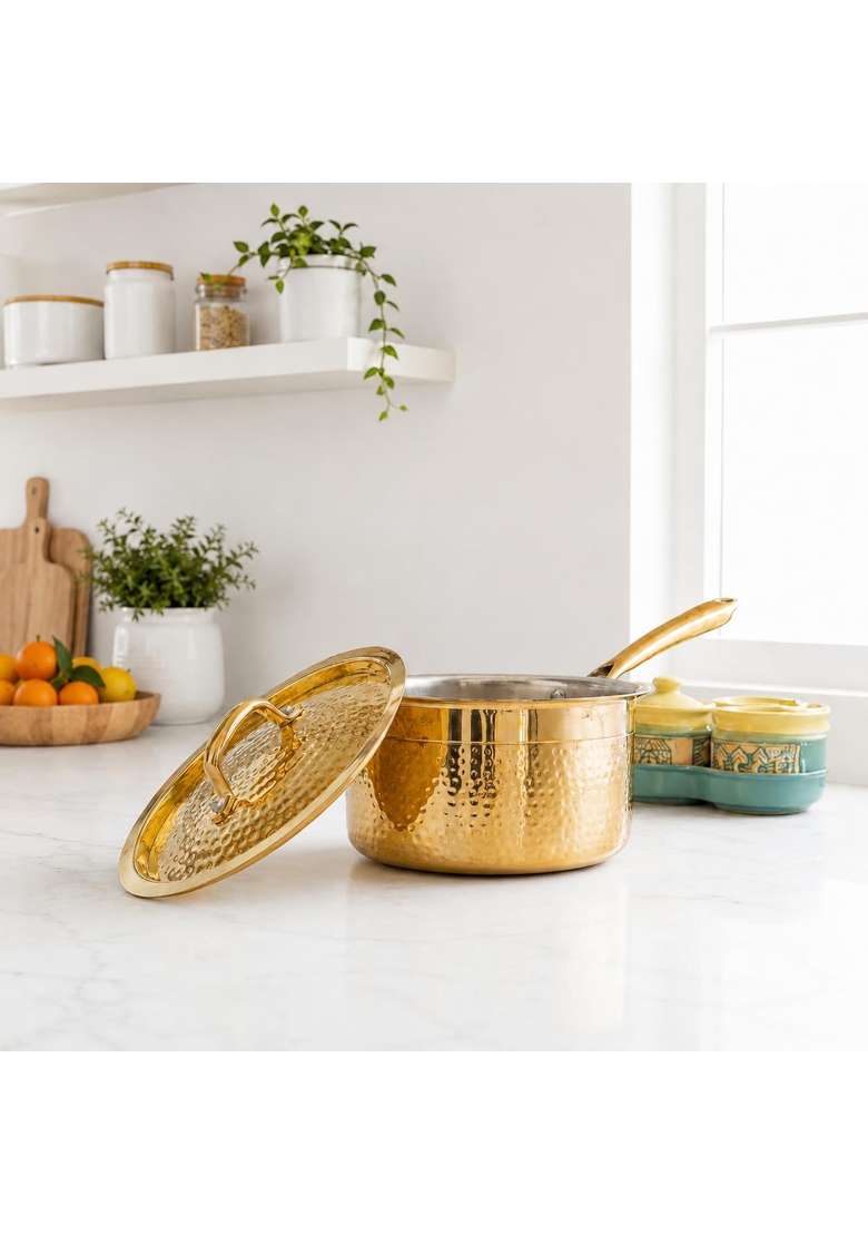 MORADABAD BRASS VILLA Brass Sauce Pan with Lid | 34 cm | 13.4 Inch | Handcrafted - Indya