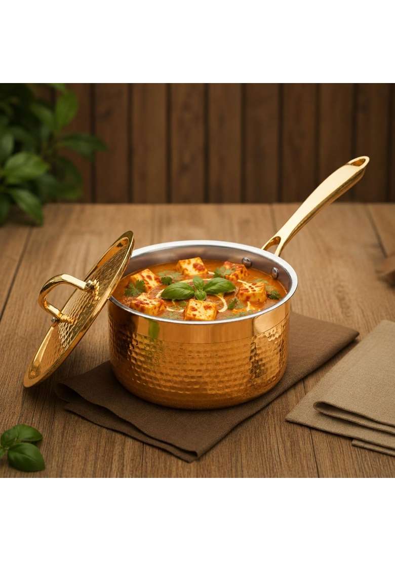 MORADABAD BRASS VILLA Brass Sauce Pan with Lid | 34 cm | 13.4 Inch | Handcrafted - Indya