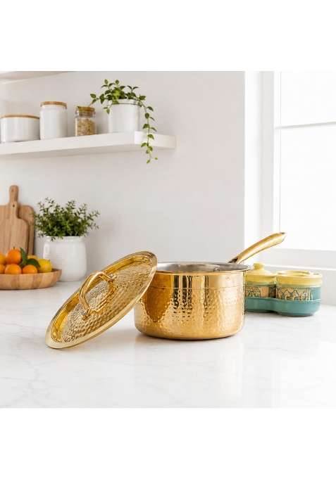 MORADABAD BRASS VILLA Brass Sauce Pan with Lid | 34 cm | 13.4 Inch | Handcrafted