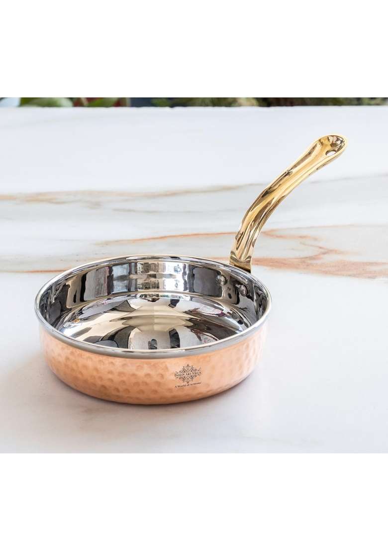 INDIAN ART VILLA Steel Copper Fry Pan with Brass Handle- Diameter | 1000 ml | 33.8 fl oz | 7.5 Inch | Handcrafted - Indya