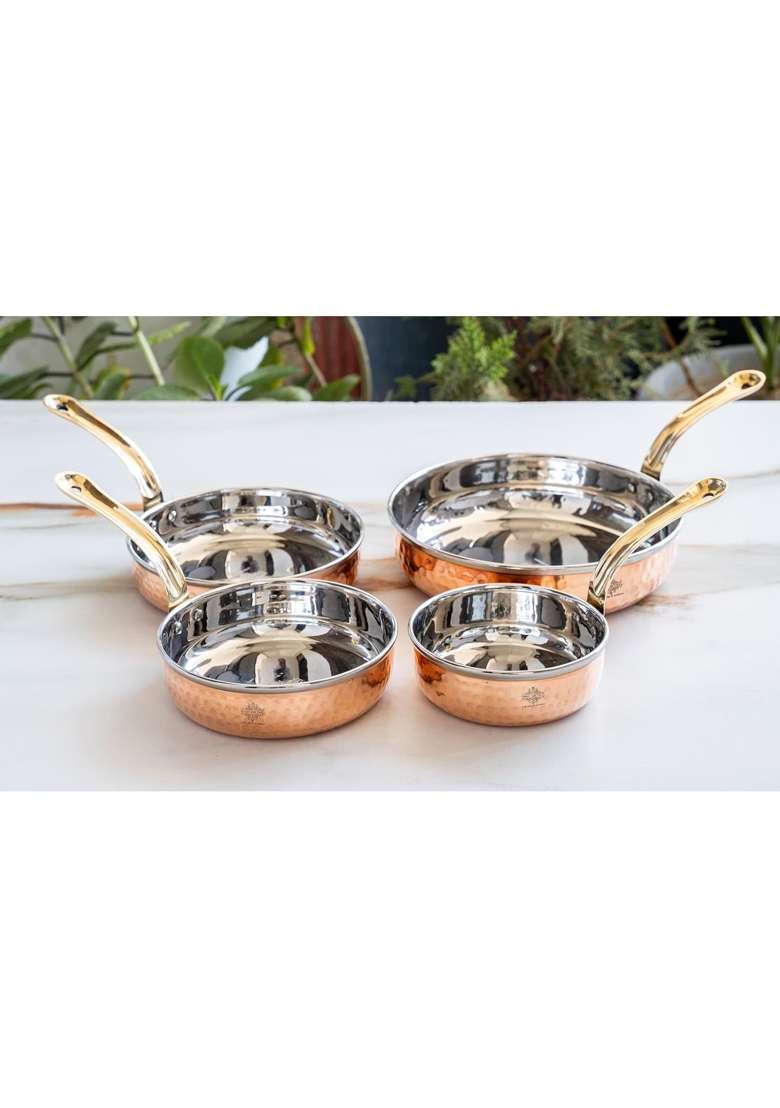 INDIAN ART VILLA Steel Copper Fry Pan with Brass Handle- Diameter | 1000 ml | 33.8 fl oz | 7.5 Inch | Handcrafted - Indya